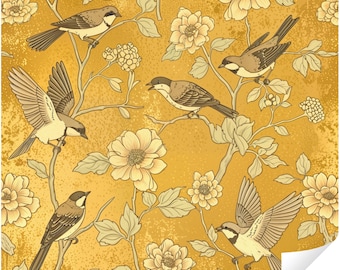 Vintage Gold Look Chinoiserie Bird Peel and Stick Wallpaper, Floral Botanical Removable Wall Mural, Elegant Accent Wall Decor