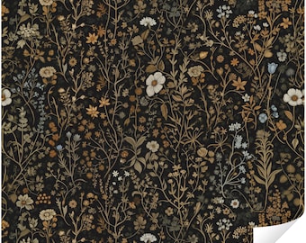 Stimmungsvolle gedämpfte botanische Tapete, dunkles Vintage Blumenwandbild, dunkle Academia Maximalist-Wildblume, abnehmbarer Abziehstab, vorgeklebtes Dekor