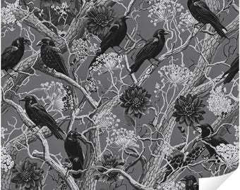 Victorian Gothic Raven Peel and Stick Wallpaper, Black Crow Birds & Dark Floral Branch Pattern, Moody Monochrome Botanical Wall Mural