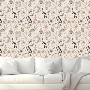 Carta da parati staccabile e attaccabile con volti astratti e design floreale boho - Adesivo da parete moderno, rimovibile e autoadesivo per camera da letto e soggiorno