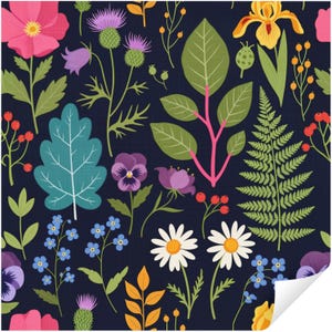 Moderne Volkskunst Wildblumen Tapete zum Abziehen und Aufkleben, marineblaues Blumengartenmuster, buntes Cottagecore-Wandbild