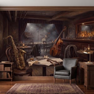 Peut inclure: Une scène de club de jazz avec un saxophone en laiton sur une chaise en bois, une contrebasse, une table ronde avec des partitions, un verre de liquide ambré et un cendrier. Un fauteuil en cuir noir repose sur un tapis à motifs.