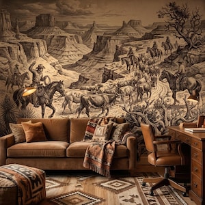 May include: A sepia-toned mural of a western scene, showing cowboys driving cattle through a canyon. The room features a brown sofa, patterned rug, and a wooden desk with a leather chair. Decorative pillows and a throw blanket add warmth to the room.