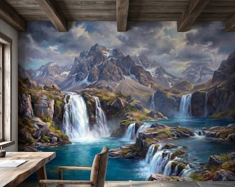 Bergwatervallen Peel-and-Stick muurmuurschildering, alpengletsjertoppen en turkoois meer, schilderachtig landschap, dramatisch panoramisch kunstbehang