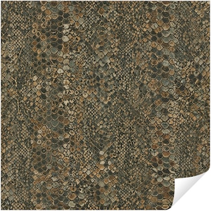 May include: A close-up of a wallpaper sample with a snakeskin pattern. The design features a repeating pattern of overlapping scales in shades of brown, grey, and tan. The texture appears slightly raised, giving a realistic look. The corner of the sample is folded over.