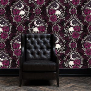 Gothic Peel and Stick Wallpaper, Skull and Rose Removable Wall Mural, Dark Floral Crescent Moon Decor - Spooky Halloween Aesthetic Wall Art