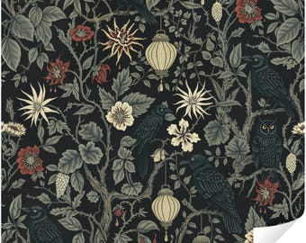 Dark Chinoiserie Raven Peel and Stick Wallpaper, Moody Floral Lantern Wall Mural, Gothic Botanical Dark Academia Decor