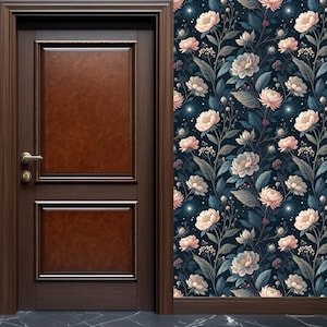 Peel and Stick Dark Floral Wallpaper, Dreamy Night Garden Wall Mural, Removable Celestial Botanical Wall Art, Moonlit Flower Accent Decor