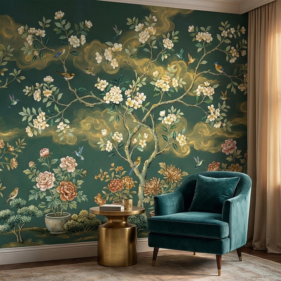 Vintage Emerald Green Chinoiserie Peel and Stick Wall Mural, Hand ...