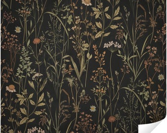 Stimmungsvolle gedämpfte botanische Tapete, dunkles Vintage Blumenwandbild, dunkle Academia Maximalist-Wildblume, abnehmbarer Abziehstab, vorgeklebtes Dekor