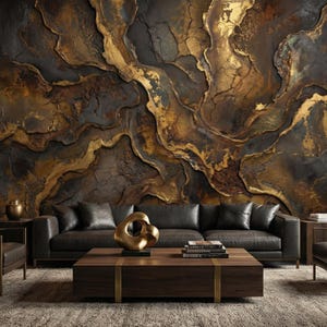 May include: A living room with a dark brown leather sofa, a wooden coffee table, and a gold sculpture. The wall behind the sofa features a textured, abstract design in shades of brown and gold.