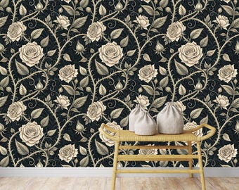 Peel and Stick Wallpaper – Vintage Rose Wall Mural – Black Floral Removable Wallpaper – Elegant Victorian Botanical Wall Décor Accent