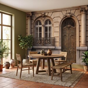 May include: A dining room set with a round wooden table, woven chairs, and a bench. The table is surrounded by a woven rug. The room has a decorative wall mural of an old building with a door and windows.