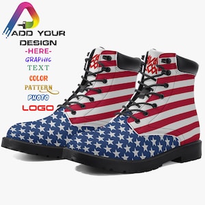 May include: A pair of combat boots featuring a patriotic design. The boots have a black sole and laces, with a pattern of red and white stripes and blue stars. The boots are a bold statement of American pride.