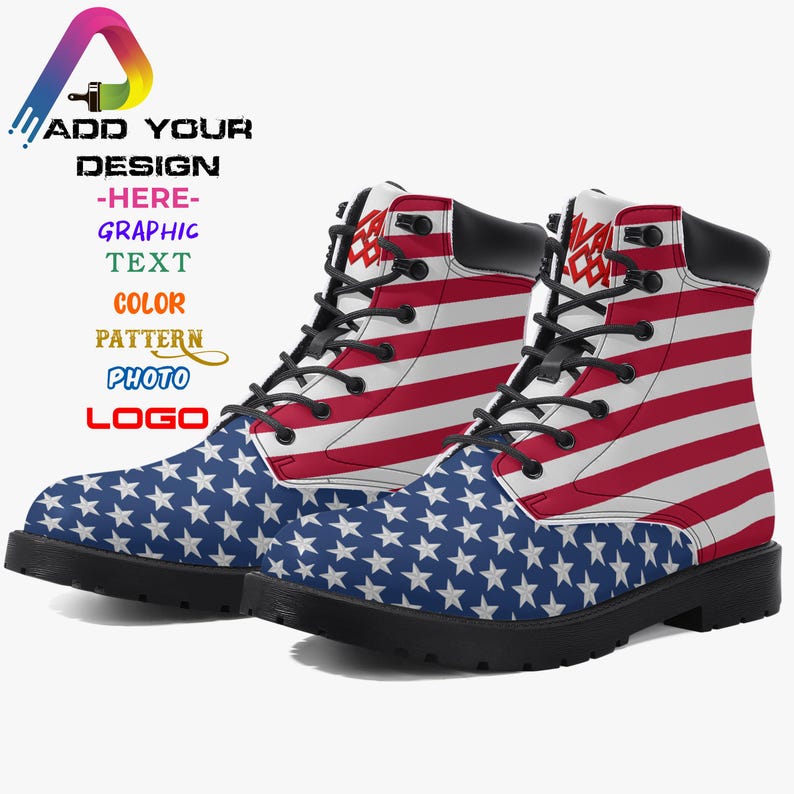 May include: A pair of combat boots featuring a patriotic design. The boots have a black sole and laces, with a pattern of red and white stripes and blue stars. The boots are a bold statement of American pride.