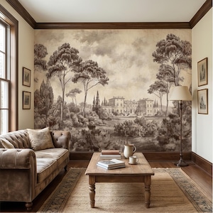 May include: A room decorated in sepia tones, featuring a mural of a classical landscape with trees and a building. A brown tufted sofa, wooden coffee table, and floor lamp are in the room. The room has a rug and framed artwork.