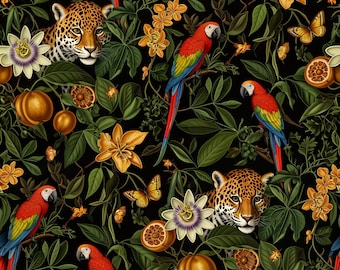 Tropical Jungle Animals Peel and Stick Wallpaper, Exotic Dark Botanical Floral Wall Mural, Flowers & Tropical Foliage Wall Decor