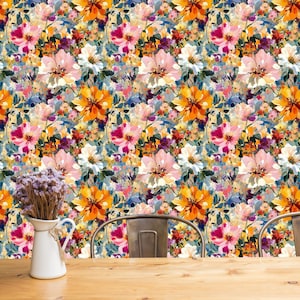 Impressionist Floral Peel and Stick Wallpaper – Removable Boho Wall Mural – Colorful Flower Self Adhesive Wallpaper Accent Decor for Bedroom