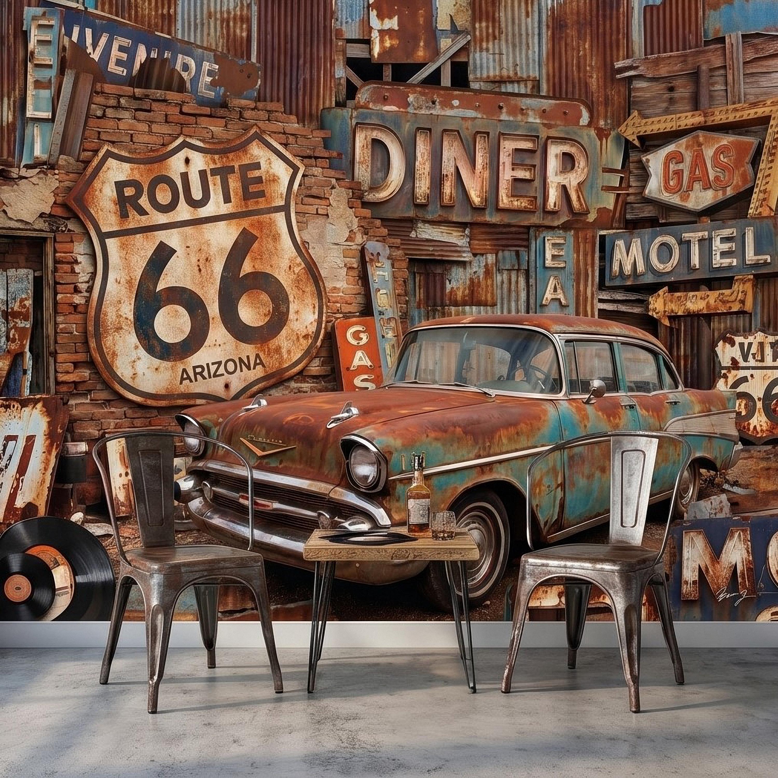 Vintage Route 66 Peel and Stick Wall Mural, Classic American Car