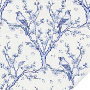 Blue Chinoiserie Birds & Cherry Blossom Peel and Stick Wallpaper, Blue and White Floral Branch Bird Wall Mural