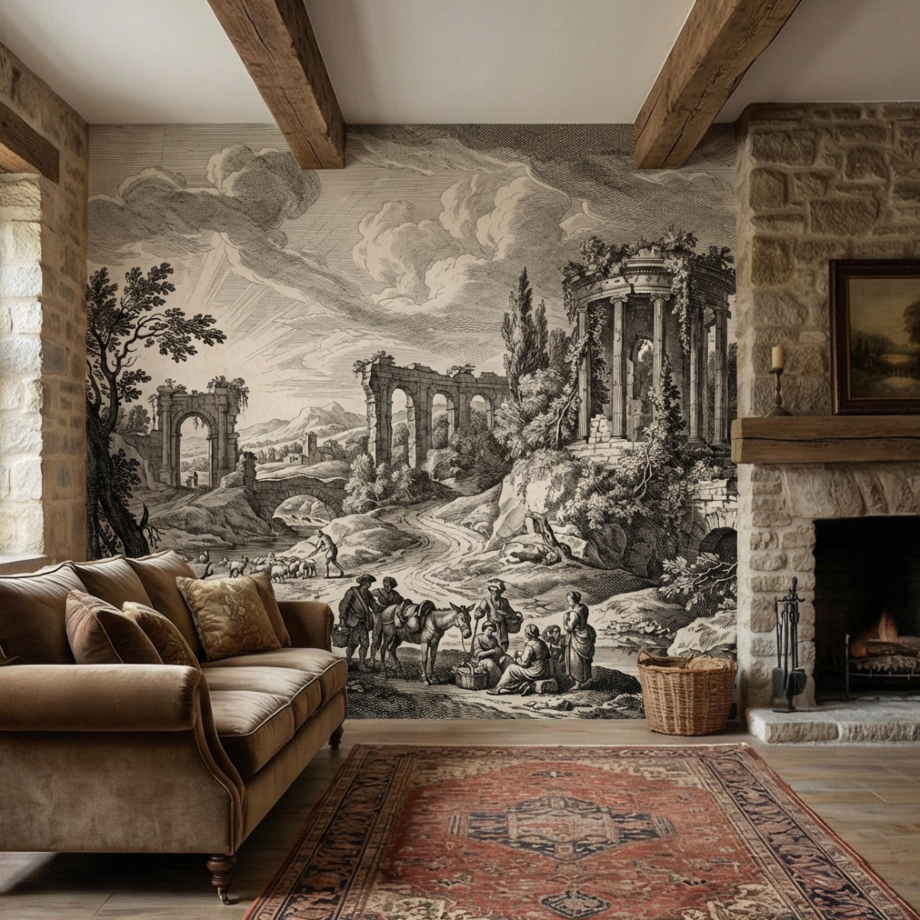 Vintage Roman Ruins Engraving Peel and Stick Wall Mural, Antique ...