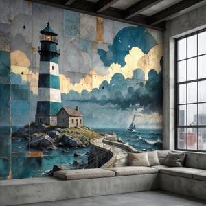 May include: A mural depicting a lighthouse with blue and white stripes, a small stone house, and a winding stone path leading to the sea. The sky is filled with clouds and birds, and a sailboat is visible in the distance. The mural is installed on a wall.