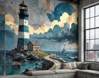 Papel de parede adesivo vintage com colagem de paisagem costeira, farol e oceano, com tema náutico, veleiros, ondas do mar e céu em tons de azul turquesa.