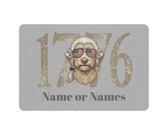 Personalized 1776 Patriotic Dog with American Flag Shades Pet Food Mat