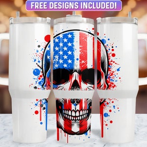 4th Of July Skull 40oz Tumbler Wrap PNG Design, Skull 40oz  Quencher Tumbler Sublimation Wrap, 40 oz Tumbler PNG, Instant Download (+20 Free
