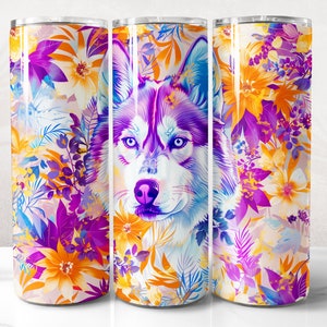 Husky Tumbler Wrap PNG Design, 3D Floral Husky Dog Tumbler Wrap 20 oz Skinny Tumbler Sublimation, Instant Digital Download (+20 Free Designs