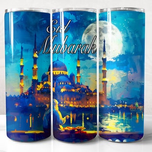 May include: A blue and white stainless steel tumbler with a colorful illustration of a mosque at night with the text "Eid Mubarak".