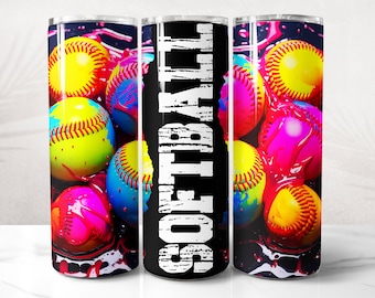 Puede incluir: Un vaso de acero inoxidable de 590 ml con un diseño de coloridas pelotas de softbol. Las pelotas son amarillas, rosas, azules y rojas, con la palabra "SOFTBALL" en blanco sobre un fondo negro.