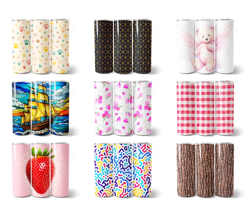 K&ouml;nnte beinhalten: Satz von neun verschiedenen gemusterten Edelstahlbechern. Die Muster umfassen Pfotenabdr&uuml;cke, geometrische Designs, einen Teddyb&auml;r mit Engelsfl&uuml;geln, Gingham, ein Segelboot in einem Buntglasfenster, rosa Blumen, abstrakte Formen und Baumrinde.