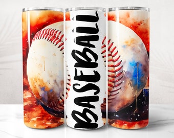 May include: A watercolor-style design of a baseball with red stitching on a white background. The word "BASEBALL" is written in black on the tumbler.