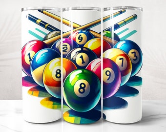 Billard Tumbler Wrap PNG Design, Billard Tumbler Wrap 20 oz Skinny Tumble Sublimation, sofortiger digitaler Download (+20 kostenlose Designs)