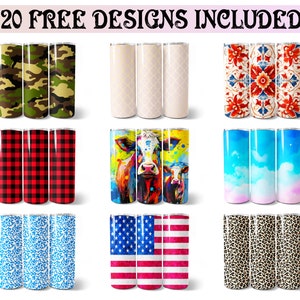 K&ouml;nnte beinhalten: Set mit 20 kostenlosen Becherdesigns. Die Designs umfassen Tarnmuster, Karomuster, geometrische Muster, Kuhmuster, Wolken, Leopardenmuster und die amerikanische Flagge.