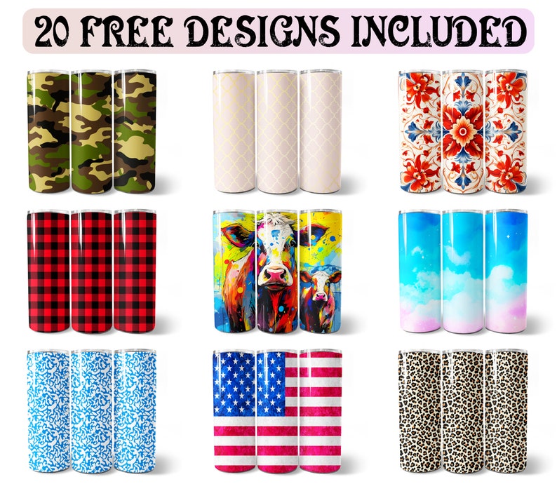 K&ouml;nnte beinhalten: Set mit 20 kostenlosen Becherdesigns. Die Designs umfassen Tarnmuster, Karomuster, geometrische Muster, Kuhmuster, Wolken, Leopardenmuster und die amerikanische Flagge.