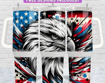 May include: Three stainless steel tumblers with handles, featuring a patriotic design of an American bald eagle with red, white, and blue paint splatters and stripes. The tumblers are perfect for keeping drinks cold or hot.