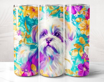 Shih Tzu Tumbler Wrap Diseño PNG, 3D Floral Dog Tumbler Wrap 20 oz Skinny Tumbler Sublimación, Descarga digital instantánea (+20 diseños gratuitos)