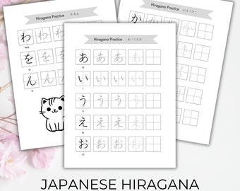Japanese Hiragana Writing Practice Worksheet for Beginner, Alphabet Learning Bundle, Kid Activity for Preschool, Kindergarten Primary School