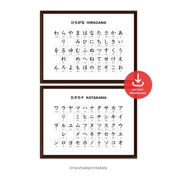 Grundlegende Hiragana- und Katakana-Diagramme mit Romaji und Strichreihenfolge, japanische Alphabet-Poster, druckbare Kana-Tabelle im PDF-Format, japanische Wandkunstdekoration