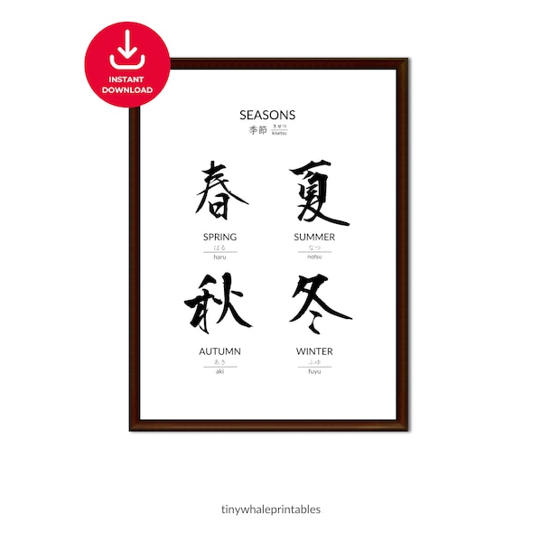 Japanische Wandkunst, Vier Jahreszeiten Kanji Symbol Kalligraphie mit Hiragana Romaji, druckbares Montessori Lernposter, Kinderzimmer Dekor