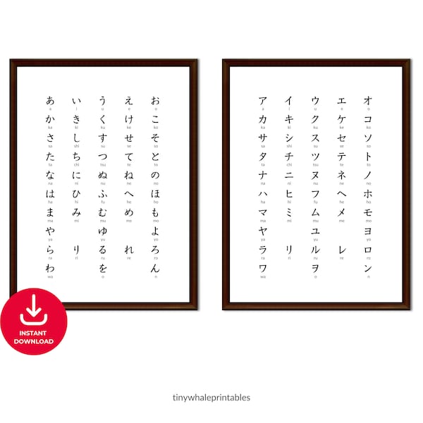 Hiragana Katakana Chart mit Romaji/Englisch, Japanisches Alphabet Buchstaben ABC Poster, Zeichentabelle zum Sprachenlernen, printable PDF