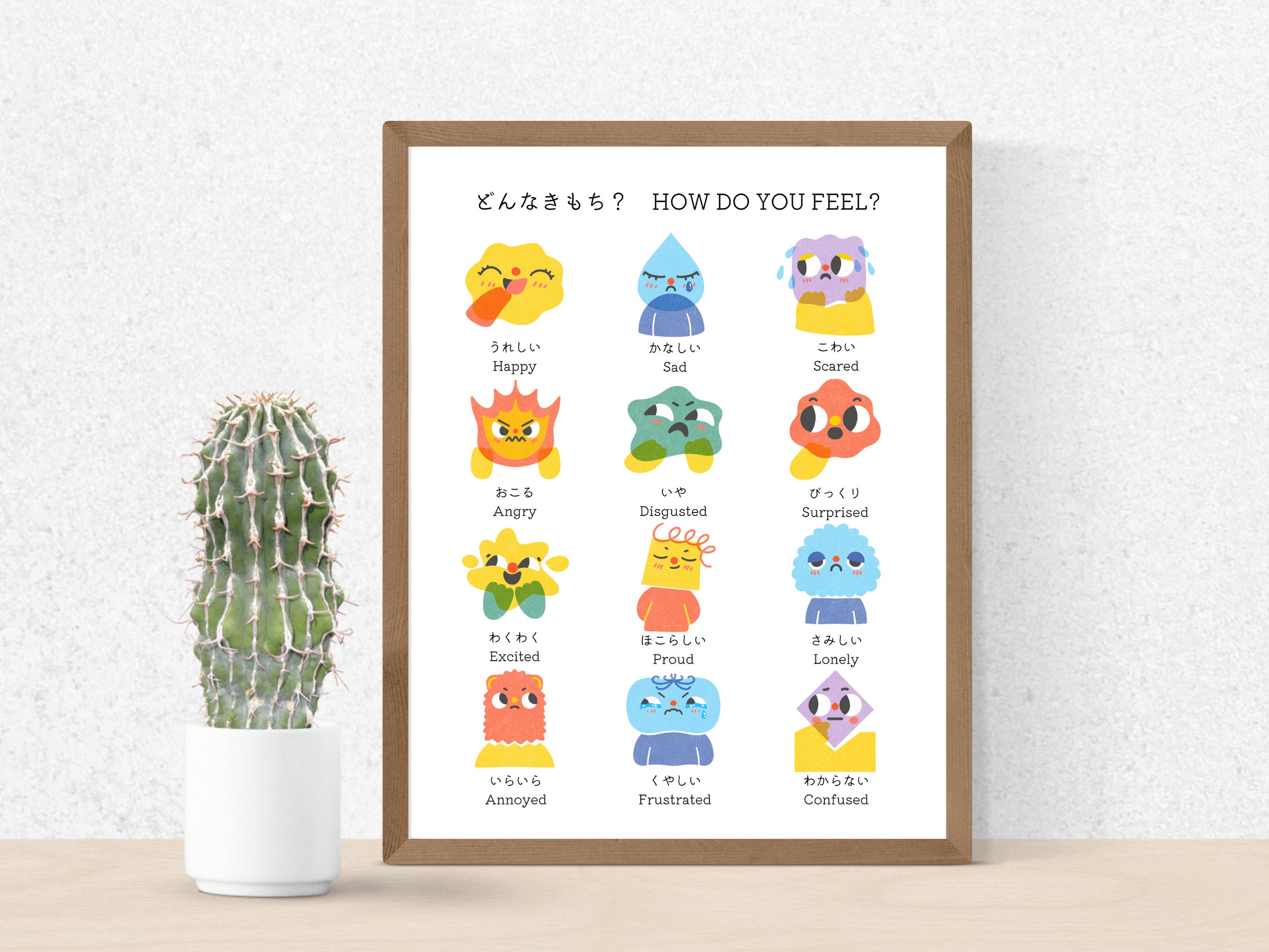Japanese Emotion Chart, Feeling List Onomatopoeia Vocabulary Word, Beginner Hiragana-English Expression Name w/ Faces for Kid, Printable PDF