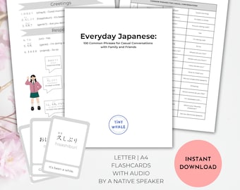 Japanese Informal Phrases with Meaning in English and Romaji, 100 Basic Common Useful Expression for Casual Conversation PDF Flashcard Audio