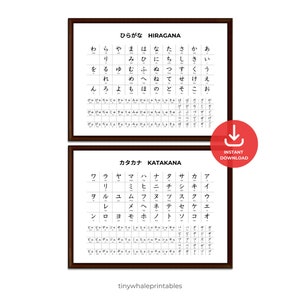 May include: A printable chart with the Japanese Hiragana and Katakana alphabets. The chart is in a brown frame with a white background. The characters are written in black ink. The chart is titled "Hiragana" and "Katakana" in Japanese.