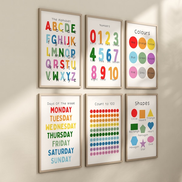Kids Educational Set of Posters | Children’s Wall Art | ABC Alphabet Numbers 123 | Playroom Decor | Bedroom Nursery Prints | Learning Ed