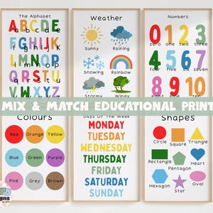 Education Set of 12 Prints Mix & Match | Alphabet ABC Numbers Feelings Shapes Weather | Learning