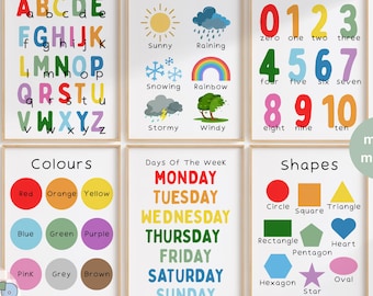 Educational Set of Prints Mix & Match | Alphabet Numbers | Children’s Bedroom Playroom Nursery Decor | Learning Prints | Feelings Shapes |