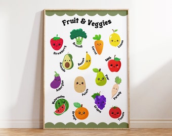 May include: A colorful educational chart featuring cartoon illustrations of fruits and vegetables with their names written below. The chart includes a strawberry, broccoli, carrot, avocado, eggplant, watermelon, orange, banana, potato, grapes, apple, lemon, pear, parsnip, and tomato.